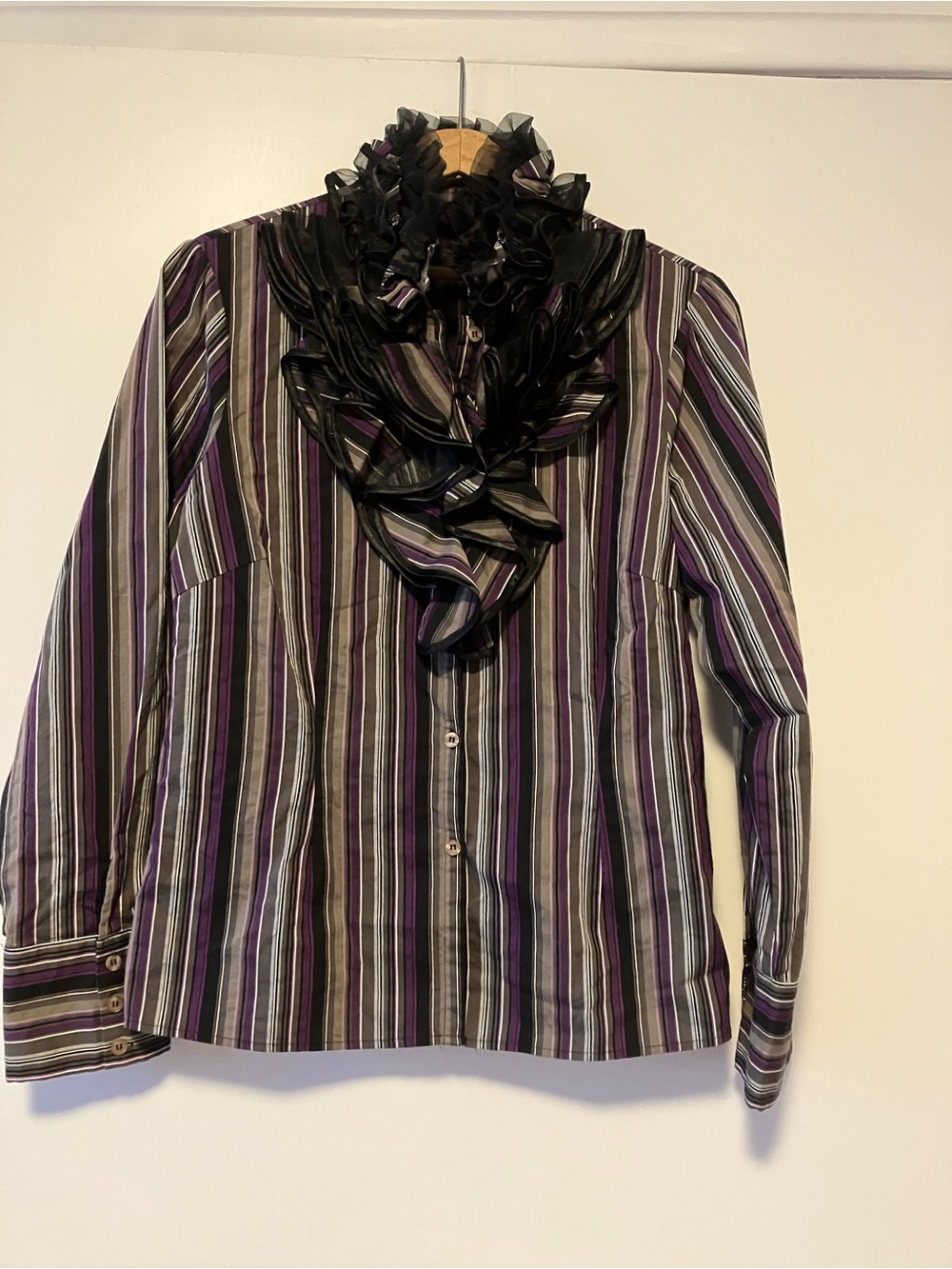 Simon Chang Striped Blouse in Purple, Black & Gray